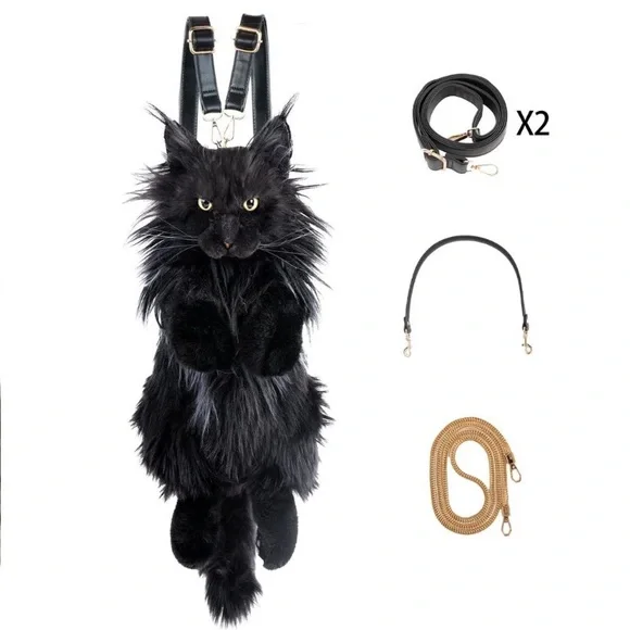 Cat Shaped Backpack - Handcrafted Stuffed Animals Bag, Black Cat Plush Bag new - Picture 9 of 9